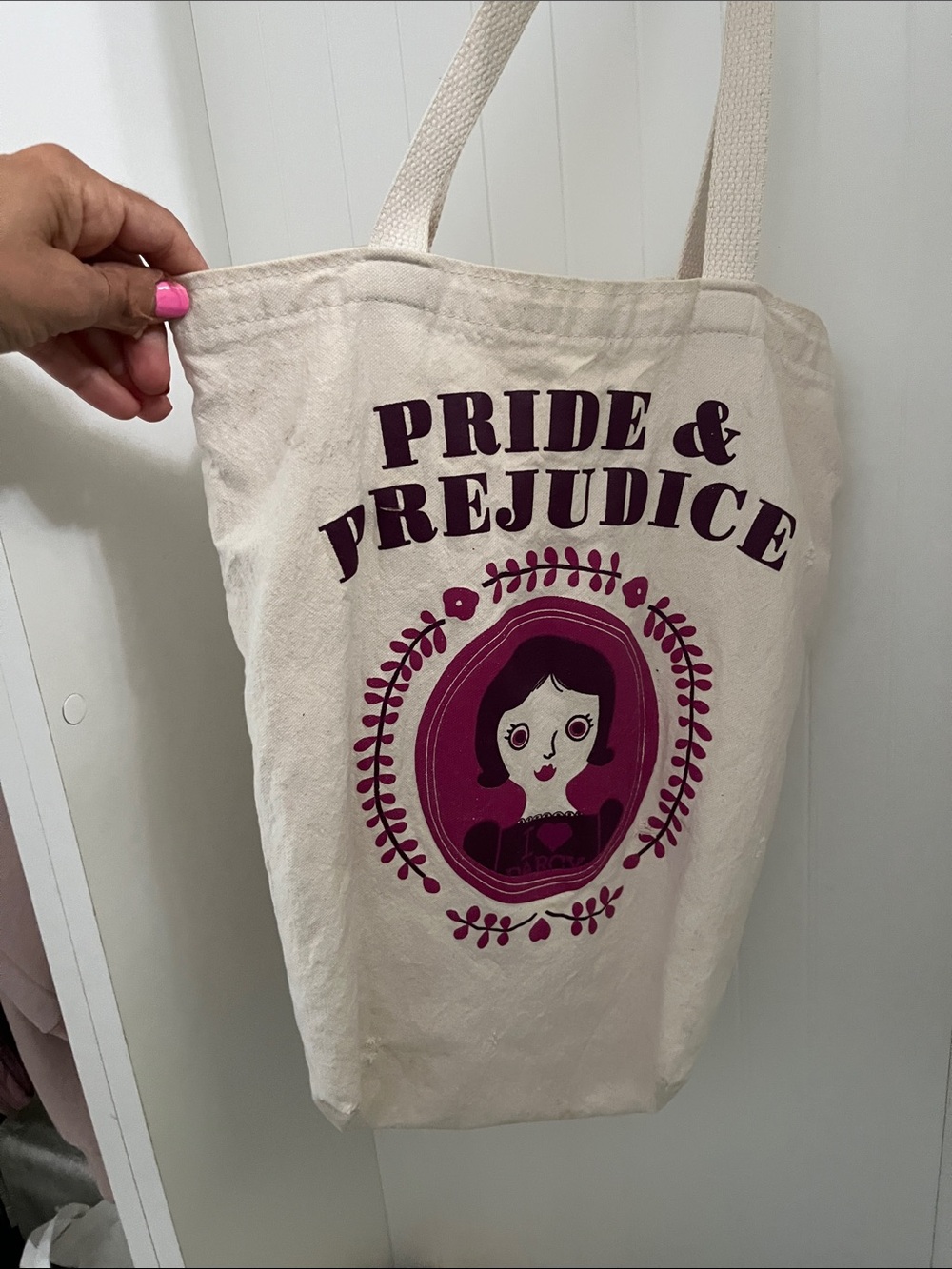Pride & Prejudice Cream Canvas Tote with Pink Graphic